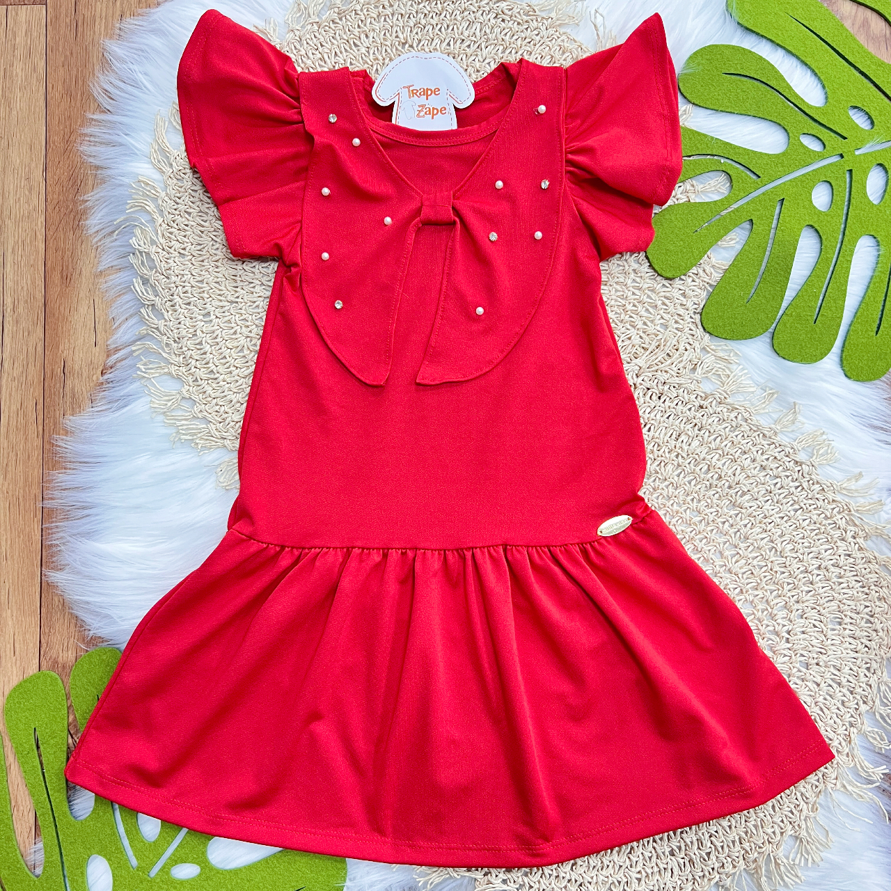 Vestido Laço Grande com Pérolas e Brilhos - Vermelho